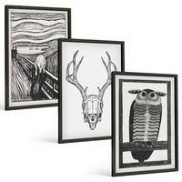BILDER SET 3er Set - 40x60 cm Schwarzer Rahmen - Grafiken mit schreiendem Totenkopf-Eulen - Schwarz, Kunststoff (40/60cm) - TULUP