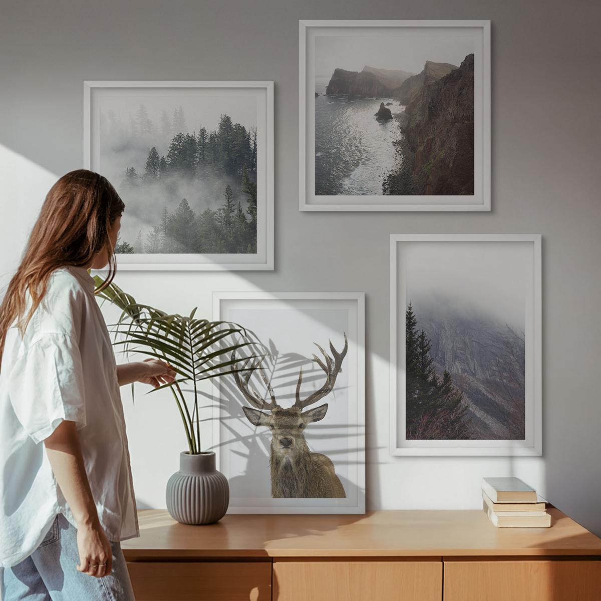 BILDER SET 4er Set - 50x50 cm & 40x60 cm Weißer Rahmen - Berglandschaft Nebel Hirsch - Weiß, Kunststoff (50/50cm) - TULUP