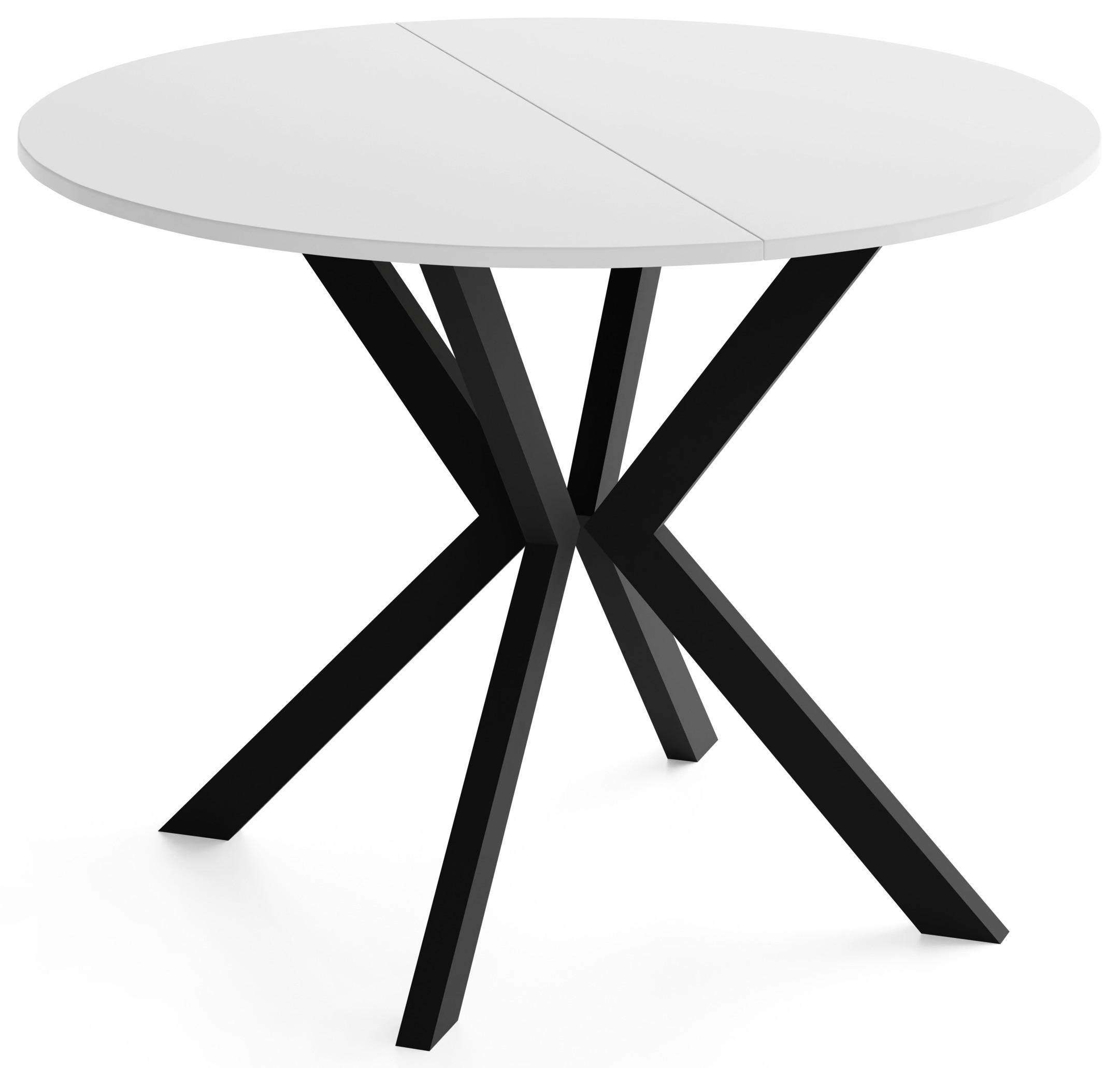 ESSTISCH Valio rund oval ausziehbar verlängerbar mit schwarzen Metallbeinen, Weiß 90-130/90/76 cm - Schwarz/Weiß, Holzwerkstoff/Metall (90/130/76cm) - WFL GROUP