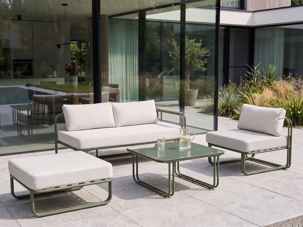 LOUNGE-SET mit Tisch und Ottomane 3-Sitzer Metall Grün Camerota - Beige/Grün, Metall - Beliani