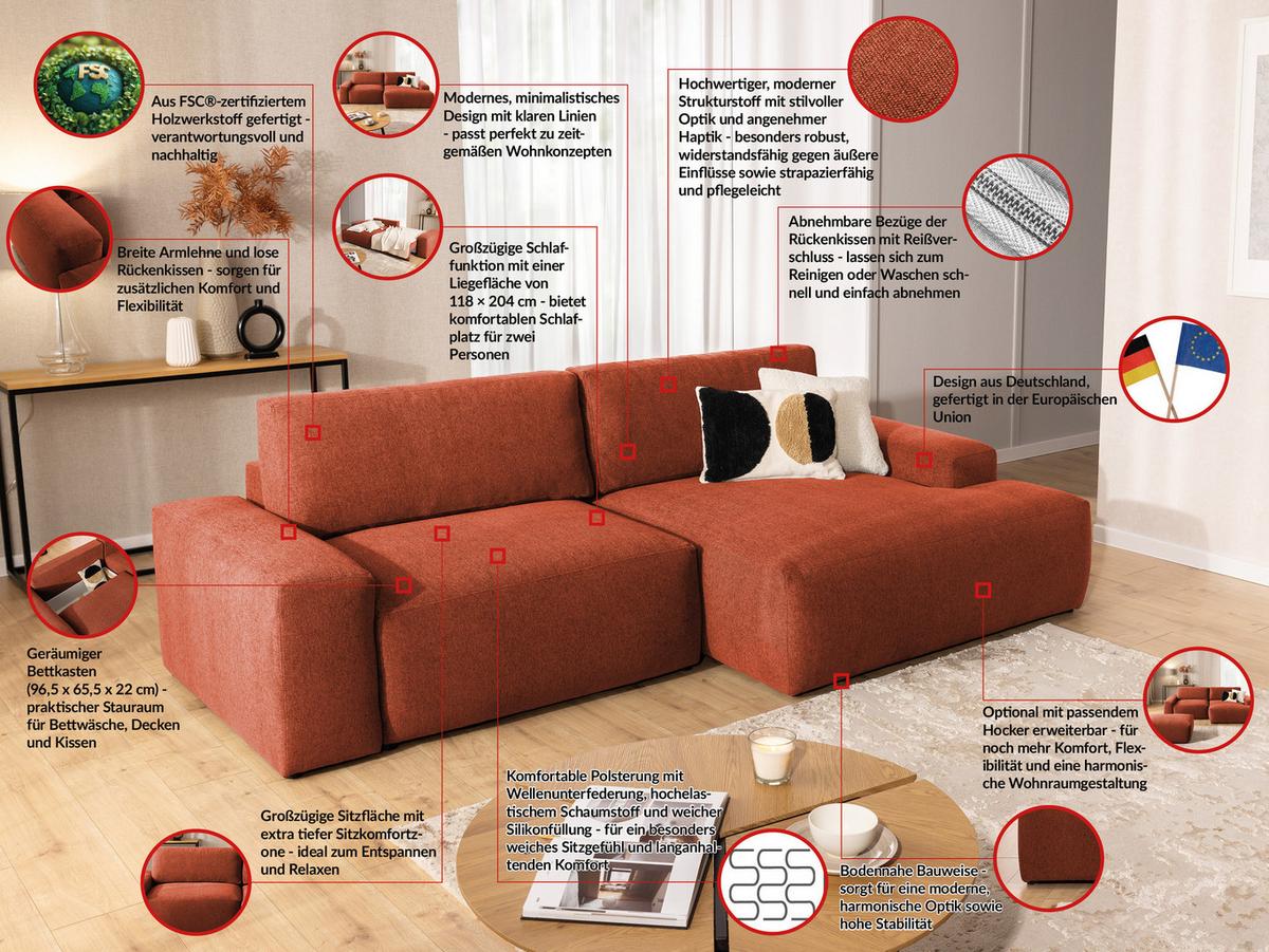 ECKSOFA Lennon aus Terrakotta Strukturstoff mit Schlaffunktion und Bettkasten - Terracotta/Schwarz, Holz/Kunststoff (264/137cm) - S-Style