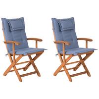 GARTENSTUHL 2er-Set Akazienholz hellbraun Auflagen blau Maui - Hellbraun/Blau, Holz (42/93/48cm) - Beliani