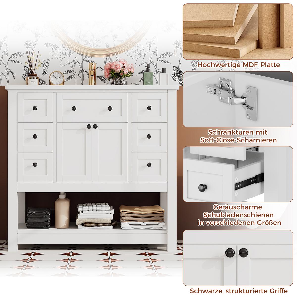 WASCHTISCH Freistehend Weiß mit Keramikbecken, 6 Schubladen & Regal - Weiß, Holzwerkstoff (91.5/90/46.5cm) - Urban Meuble
