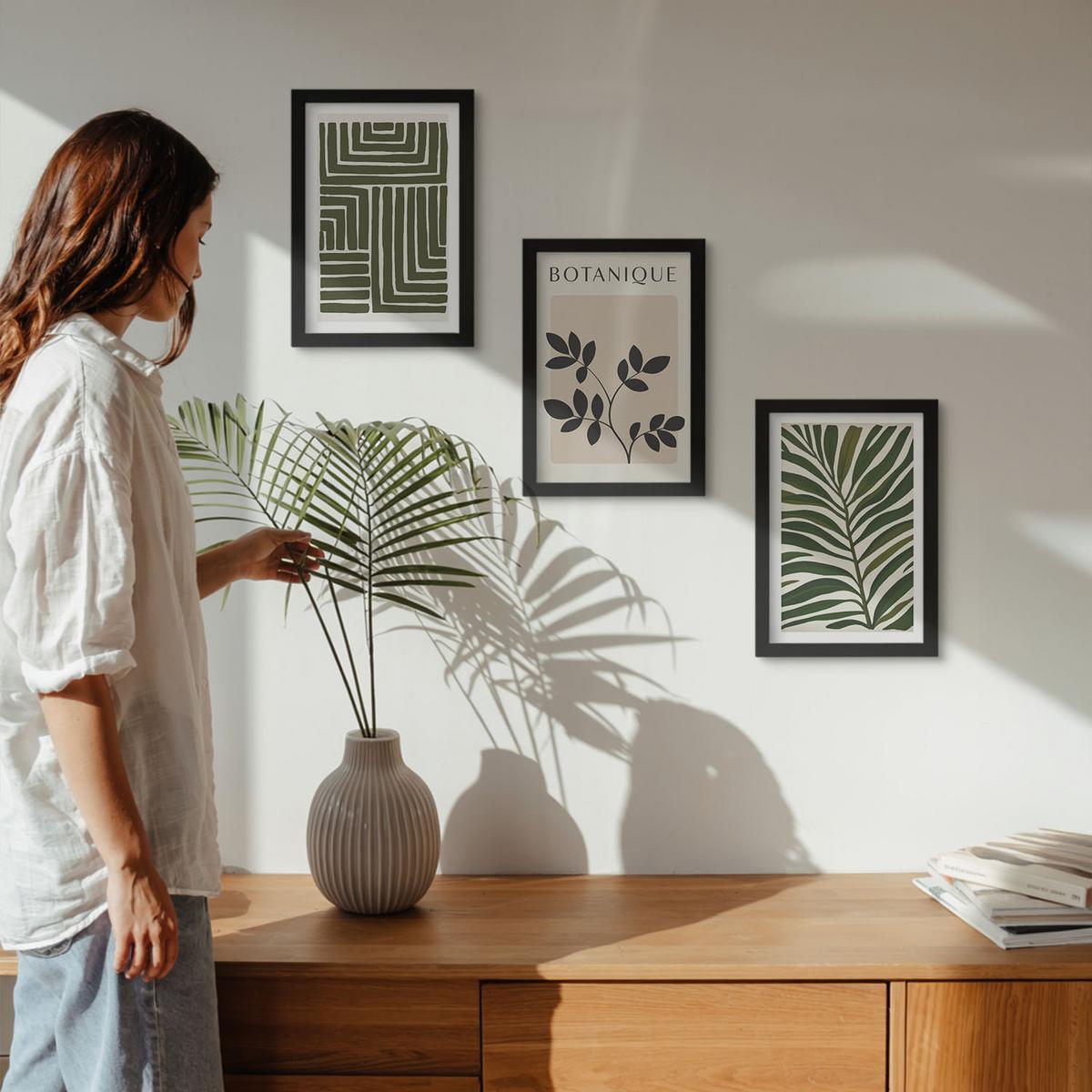BILDER SET 3er Set - 20x30 cm Schwarzer Rahmen - Botanischer Boho-Minimalismus - Schwarz, Kunststoff (20/30cm) - TULUP