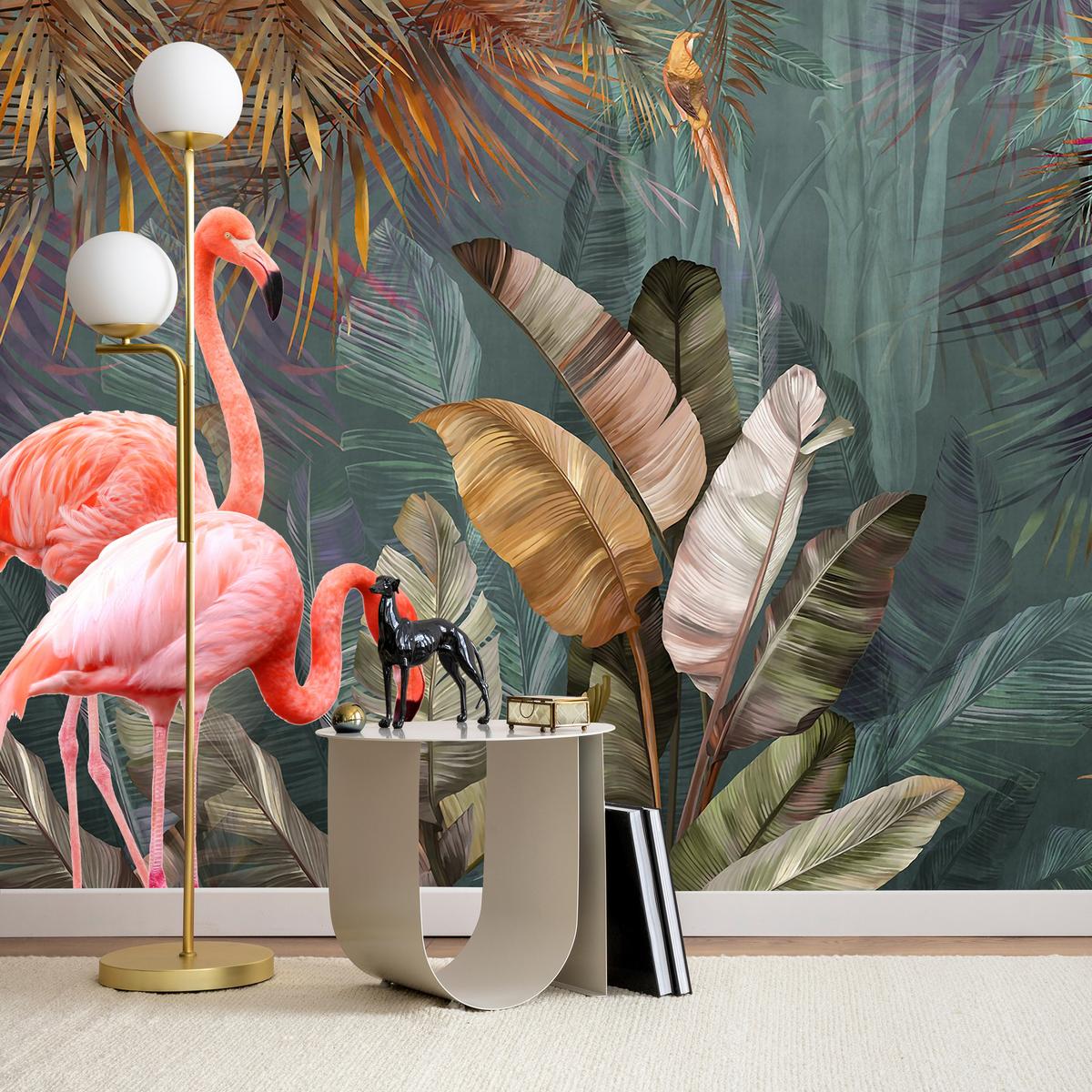 FOTOTAPETE für Wohnzimmer Flamingos Dschungel Blätter Tropisch 100x70 - Multicolor, Papier (100/70cm) - Muralo