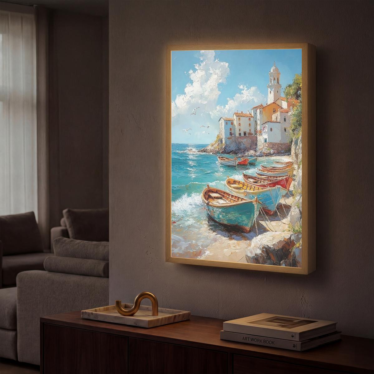 WANDLEUCHTE MIT AKKU Boote - Felsen - Meer - Sonne 40x60 cm - Blau, Holzwerkstoff (40/60/8cm) - OnlyWow