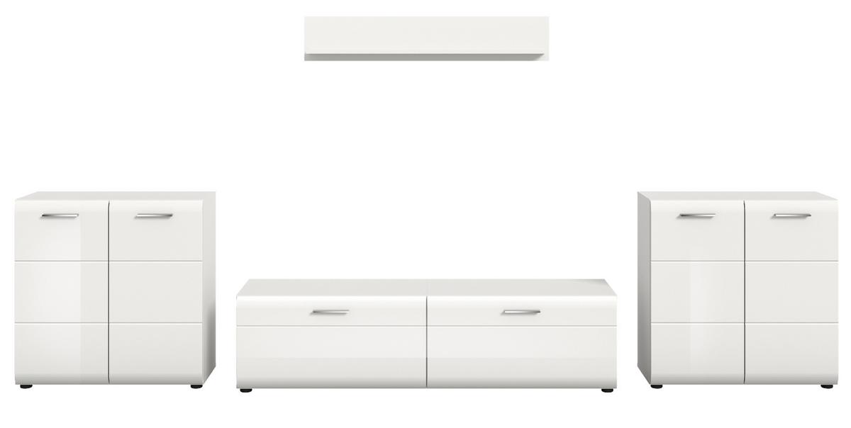 WOHNWAND weiß Hochglanz 4-teilig 350 cm, Schrankwand mit viel Stauraum - Weiß Hochglanz/Silberfarben, Glas/Holzwerkstoff (350/160/41cm) - Inn.Furn