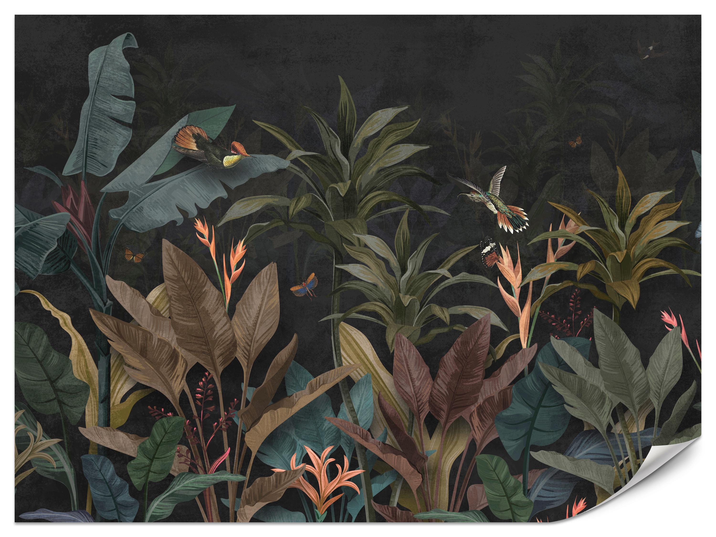 FOTOTAPETE Exotische Palmenblätter Dunkler Hintergrund Insekten Tropisch 250x175 - Orange/Braun, Papier (250/175cm) - Muralo