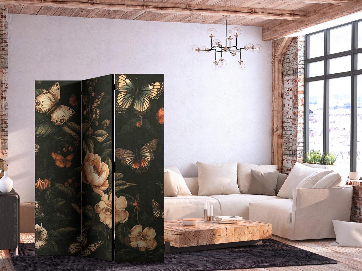 PARAVENT Einseitig Bedruckter 3-tlg 135x172 cm Schmetterlinge und Blumen - Schwarz, Holz/Textil (135/172/3cm) - Muralo
