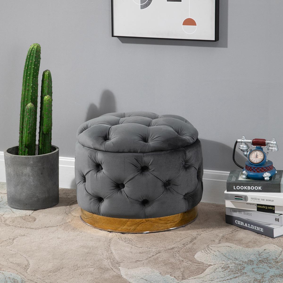 VINTAGE Hocker, Sitzhocker, Kohlegrau - Grau, Textil (55/42/55cm) - HOMCOM