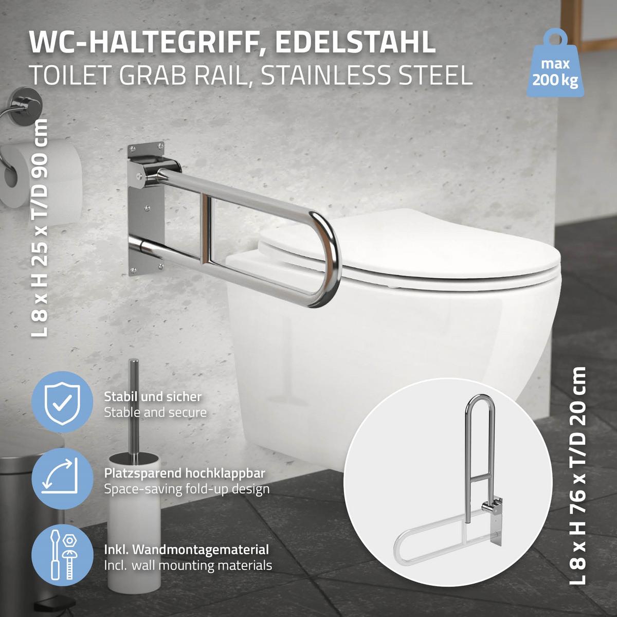 WC HALTEGRIFF 60 cm aus Edelstahl klappbar Belastbar bis 200 kg - Silberfarben, Metall (8/25/60cm) - ML-DESIGN
