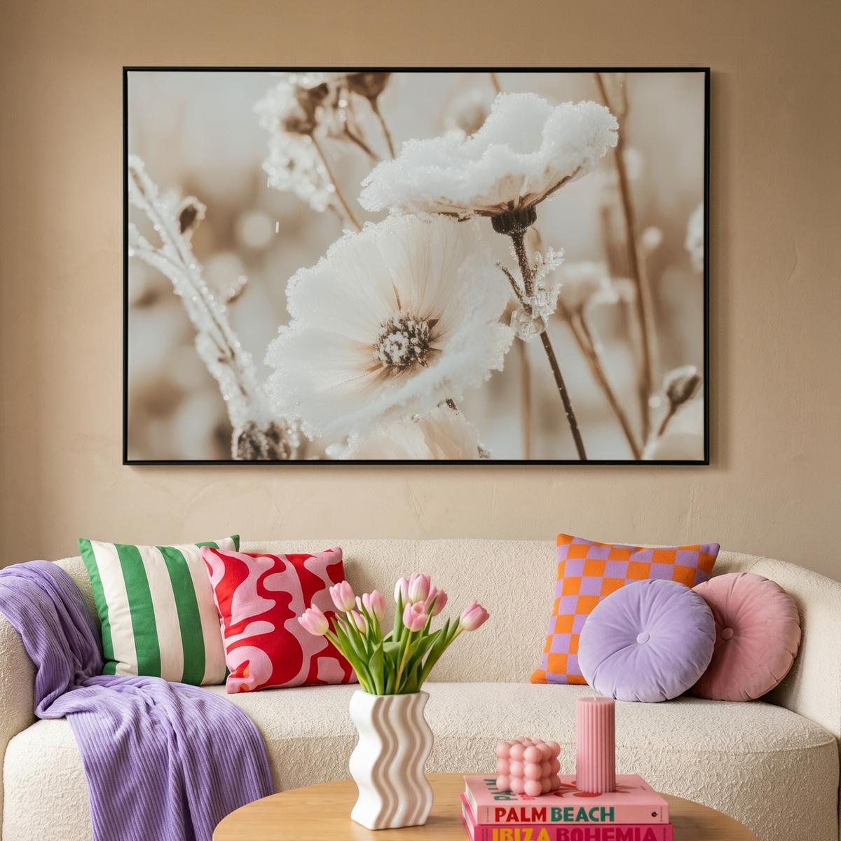 LEINWAND Bilder mit Rahmen - Blumen - Winter - Weiß - Schnee - Beige - 120x80 - Creme, Textil (120/80cm) - MuchoWow