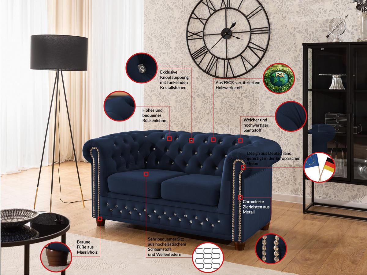 CHESTERFIELD-SOFA 2-sitzer Cleo Blink Marineblau Samt mit Kristallsteppung und braunen Massivholzfüßen - Blau/Braun, Holz/Textil (148/72/86cm) - S-Style Möbel