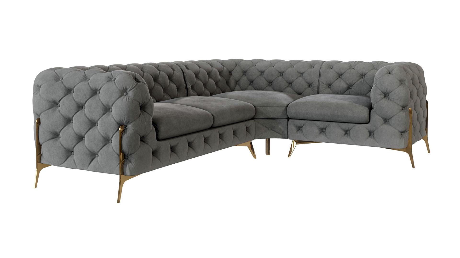 ECKSOFA Chesterfield Lexi Grau Samt, Ottomane rechts - Goldfarben/Grau, Holz/Textil (264/204cm) - S-Style