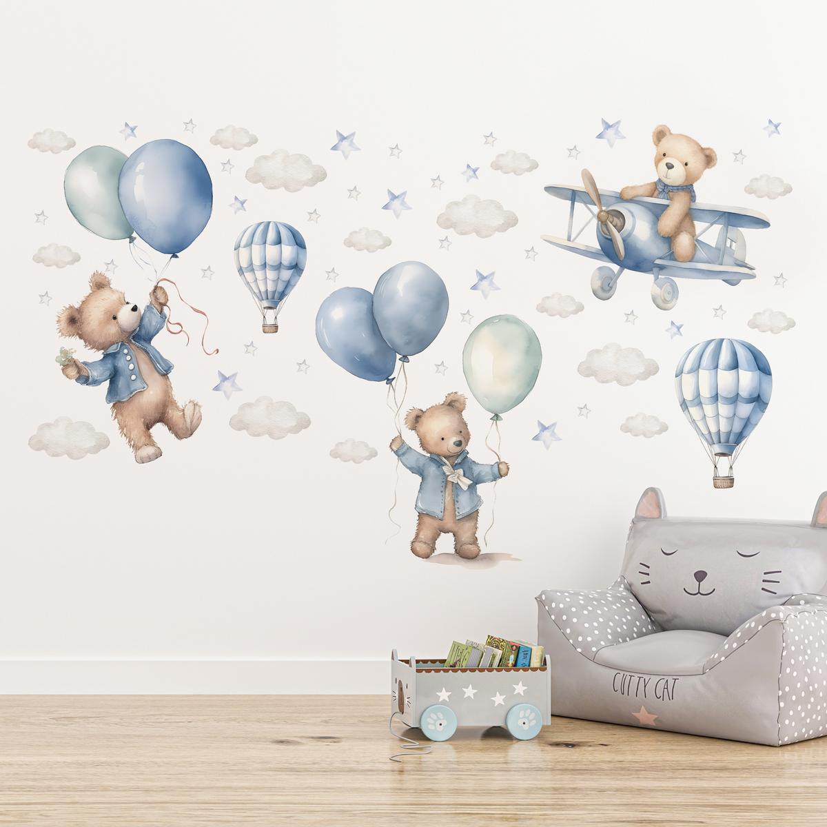 WANDSTICKER Bären Ballons 60x30 - Blau/Beige, Papier (60/30/30cm) - Muralo