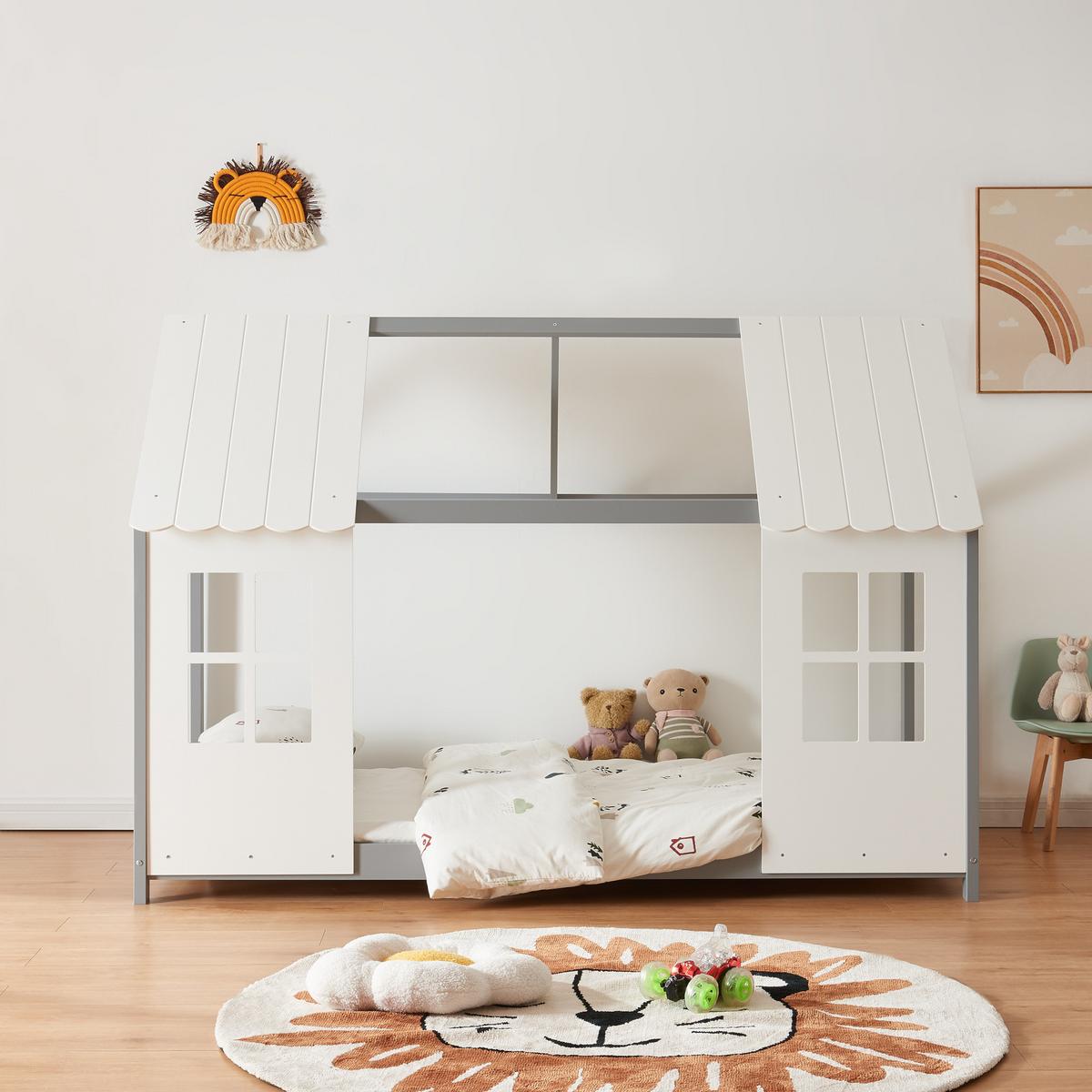 HAUSBETT Tostedt - Weiß/Grau, Holz/Holzwerkstoff (90/200cm) - [en.casa]