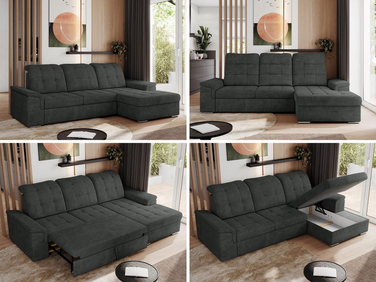 ECKSOFA MADRITO L - Dunkelgrau Struktur - Rechts - Dunkelgrau/Silberfarben, Textil/Metall (256/160cm)
