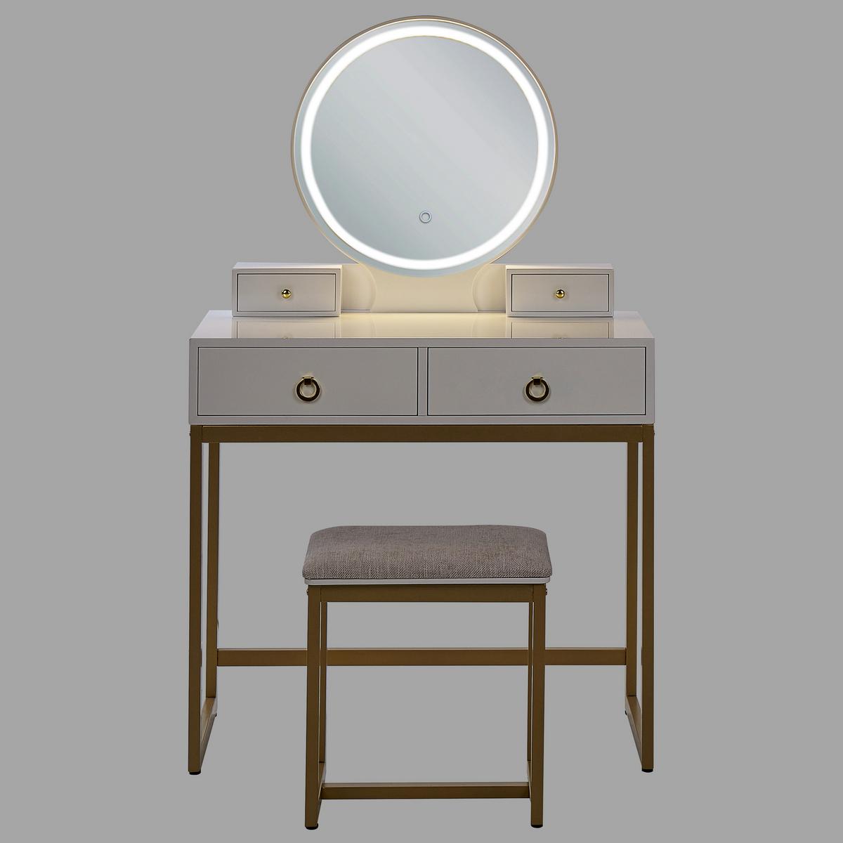 SCHMINKTISCH mit rundem LED-Spiegel Hocker 4 Schubladen weiß/gold Auxon - Beige/Goldfarben, Holzwerkstoff (80/132/40cm) - Beliani