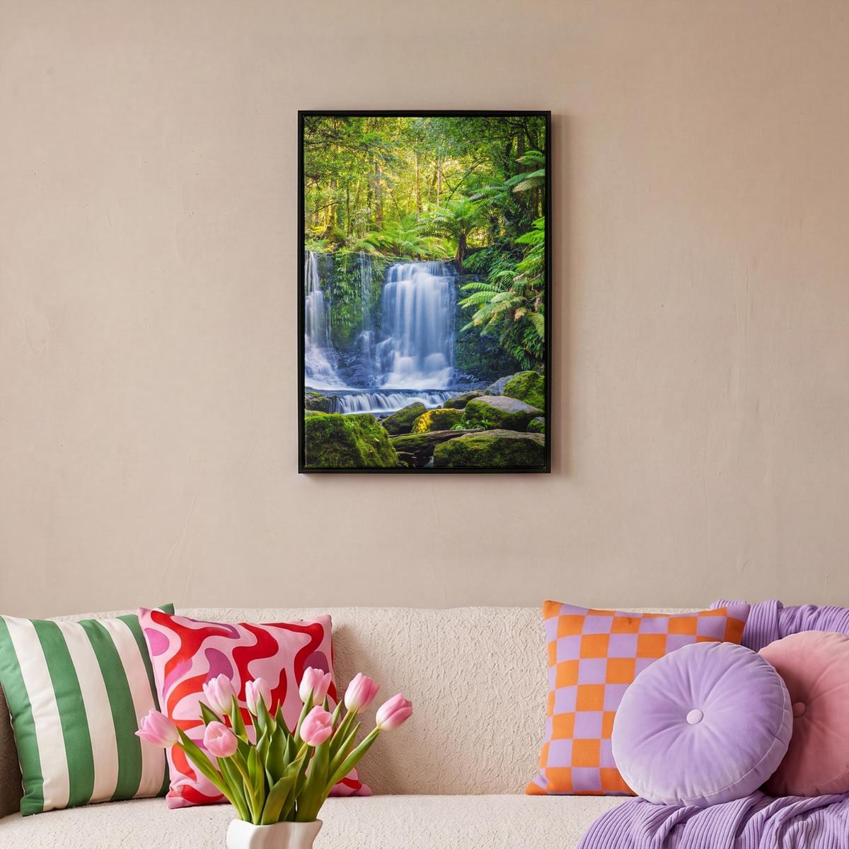 LEINWAND Bilder mit Rahmen - Dschungel - Wasserfall - Australien - Pflanzen - Natur - 40x60 - Dunkelgrün, Textil (40/60cm) - MuchoWow