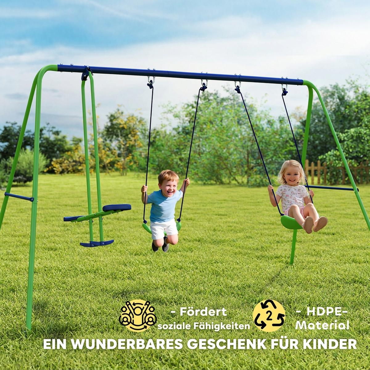 SCHAUKELGESTELL, Outdoor-Schaukelgerüst mit 2 Schaukeln, 1 Wippe, Grün - Grün, Metall (140/280cm) - Outsunny