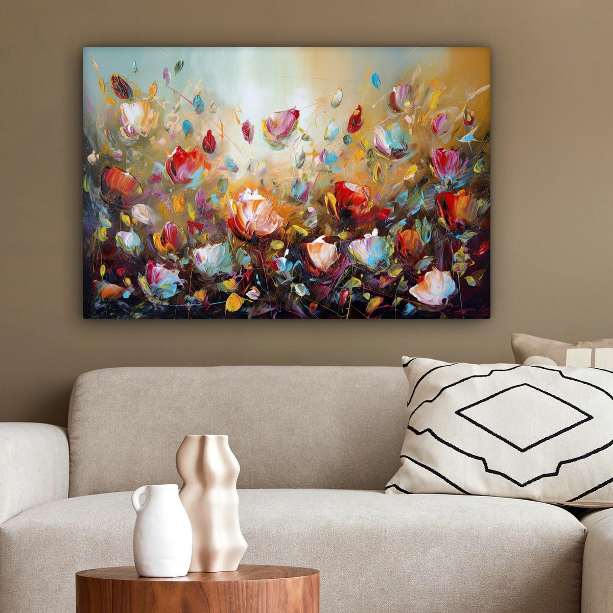 LEINWANDBILD Blumen - Kunst - Natur - Ölgemälde XXL 150x100 cm - Multicolor, Textil (150/100cm) - MuchoWow