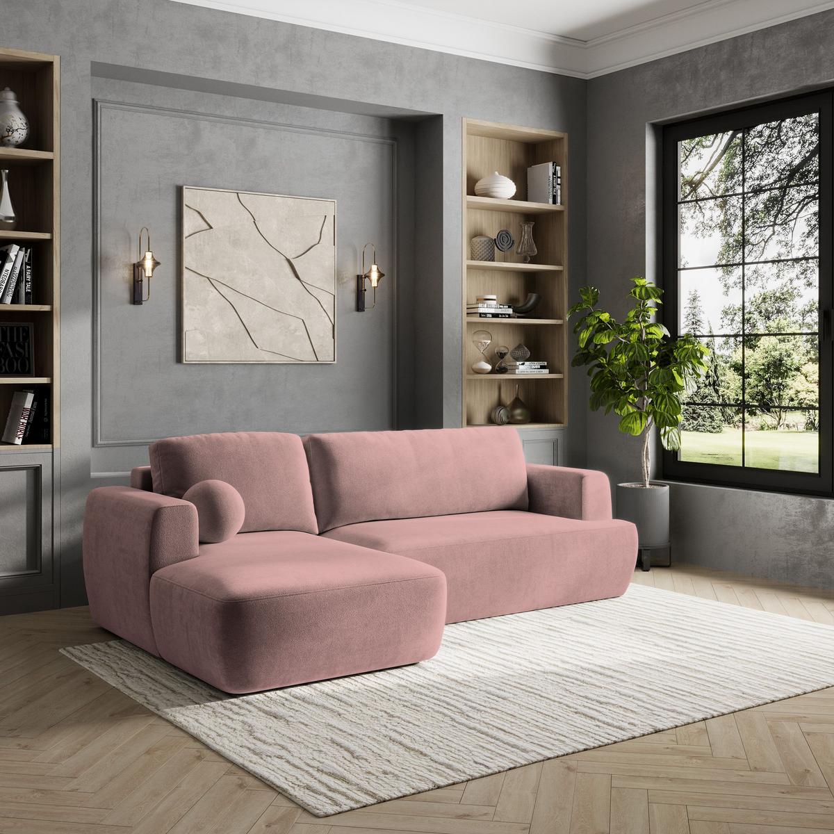 ECKSOFA SENTI K L-S Rosa Plüsch-Stoff mit Schlaffunktion - Schwarz/Rosa, Holz/Kunststoff (246/148cm) - MASSENO