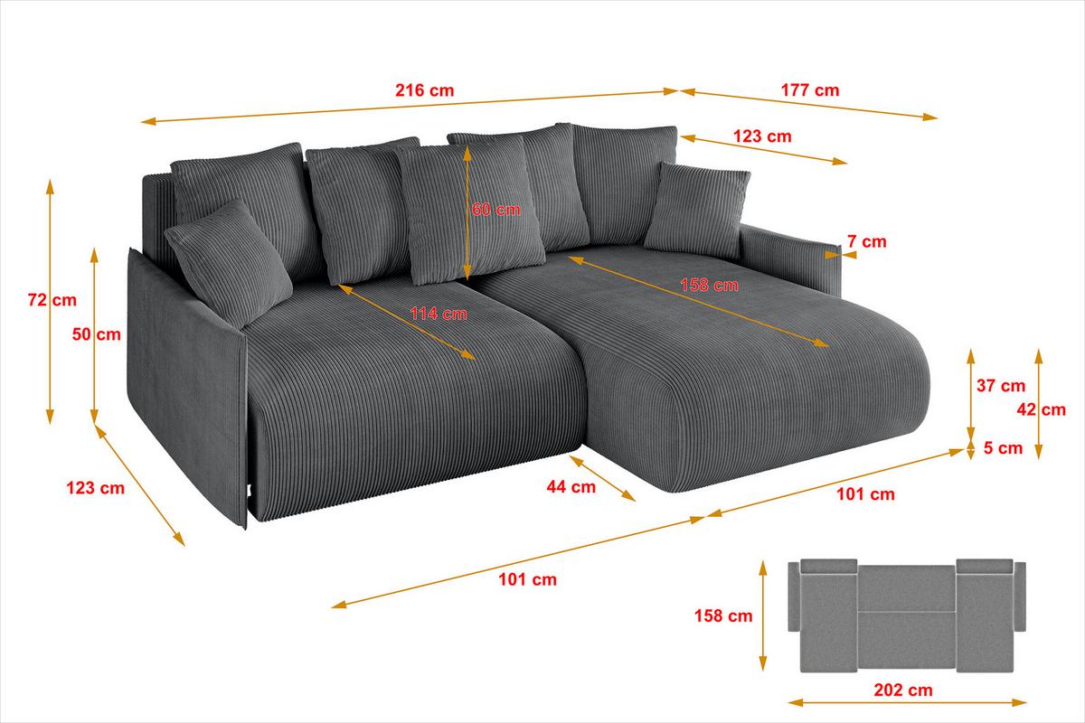 ECKSOFA Ottomane rechts ONESK-L -v1 216x177x72 Dunkelgrau Cord - Dunkelgrau, Holzwerkstoff/Kunststoff (177/216cm) - ALTDECOR