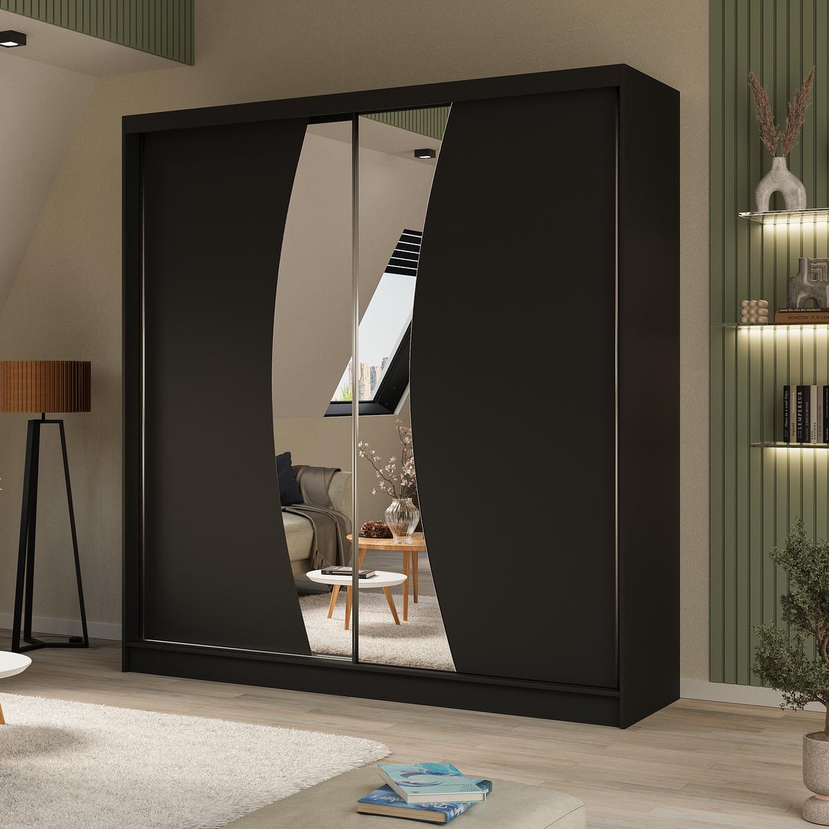 SCHWEBETÜRENSCHRANK Vox II 200/216/61 schwarz mit Spiegel und Schubladen - Schwarz, Holzwerkstoff (200/216/61cm) - Beautysofa