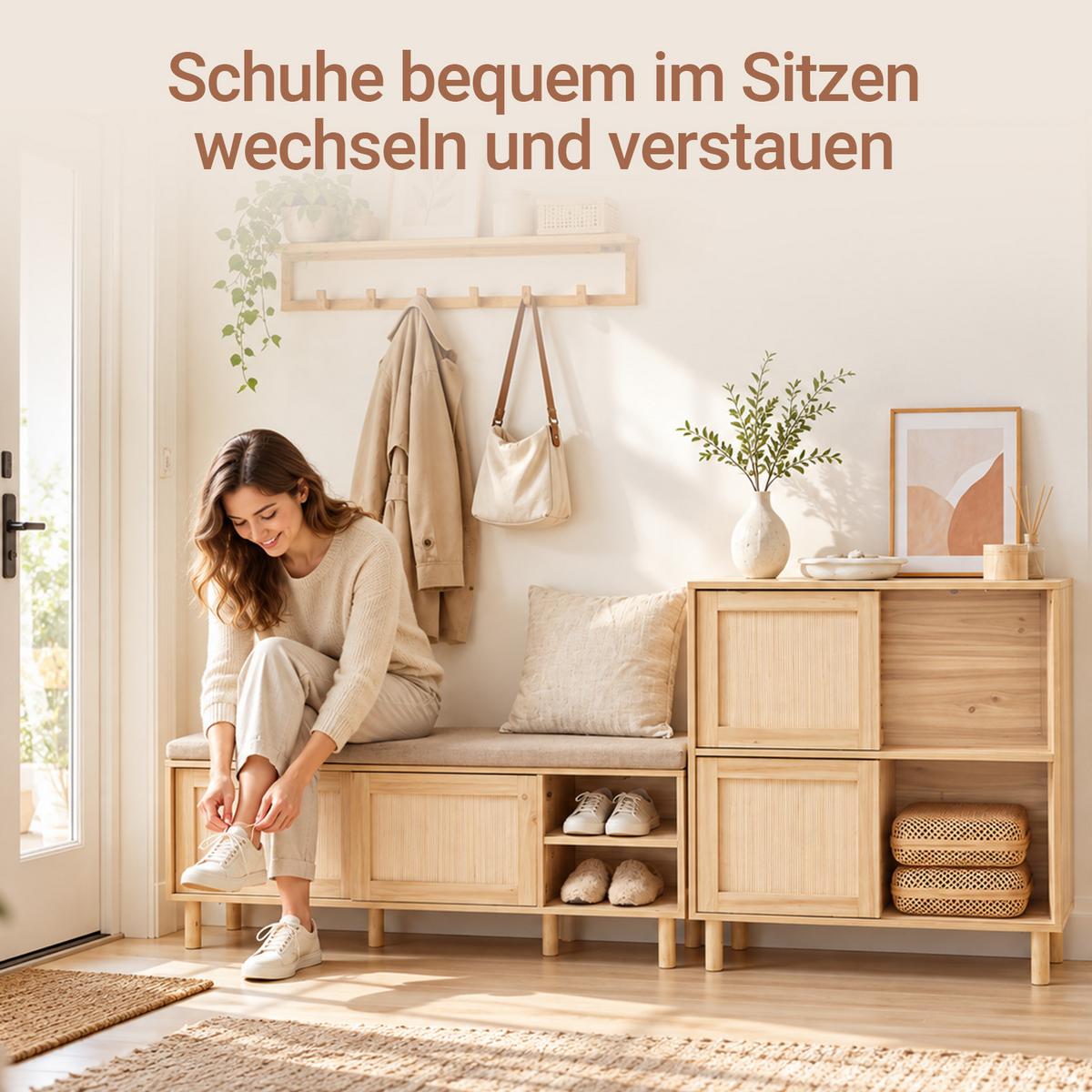 SITZBANK mit Stauraum, Natur, 121x49x35cm, 6 Fächer, Sitzkissen, für Flur, Diele und Schlafzimmer - Naturfarben, Naturmaterialien/Holzwerkstoff (121/49/35cm) - SoBuy