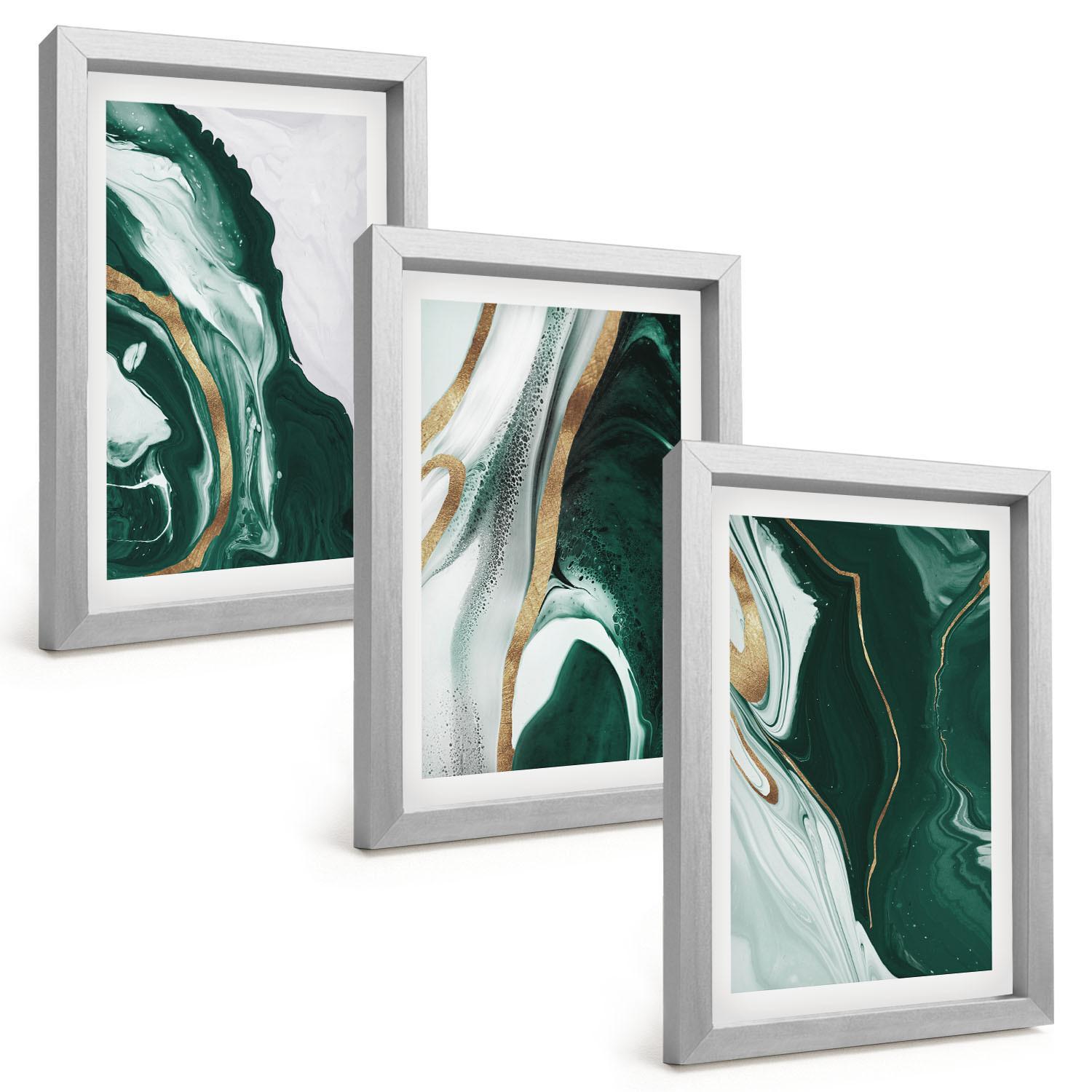 BILDER SET 3er Set - 20x30 cm Silberner Rahmen - Abstrakte grüne Farbmuster - Silberfarben, Kunststoff (20/30cm) - TULUP