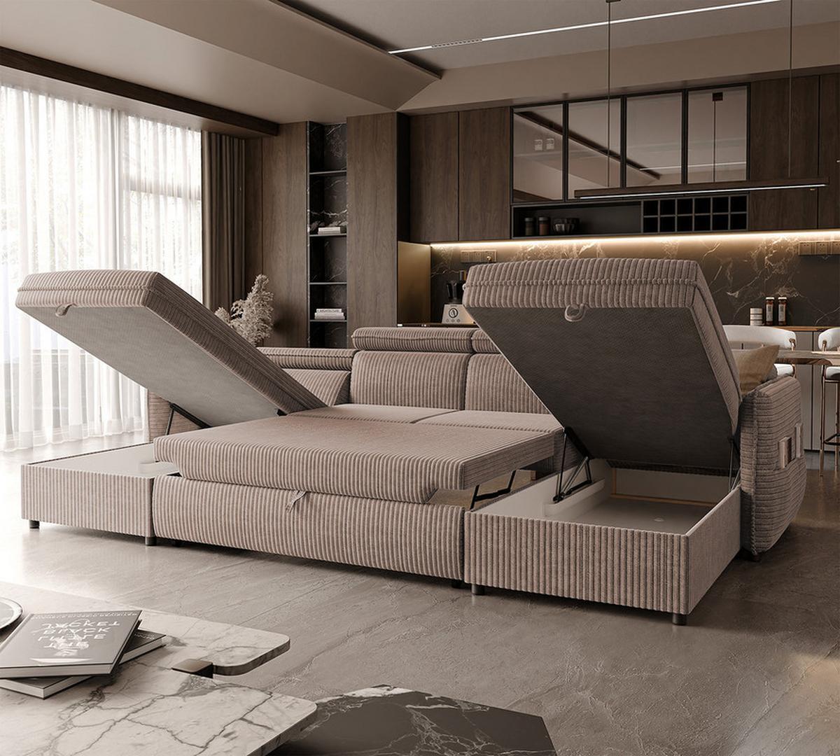 WOHNLANDSCHAFT BENI mit Schlaffunktion und Bettkasten Beige - Beige/Schwarz, Kunststoff/Textil (286/60/166cm) - Idohome