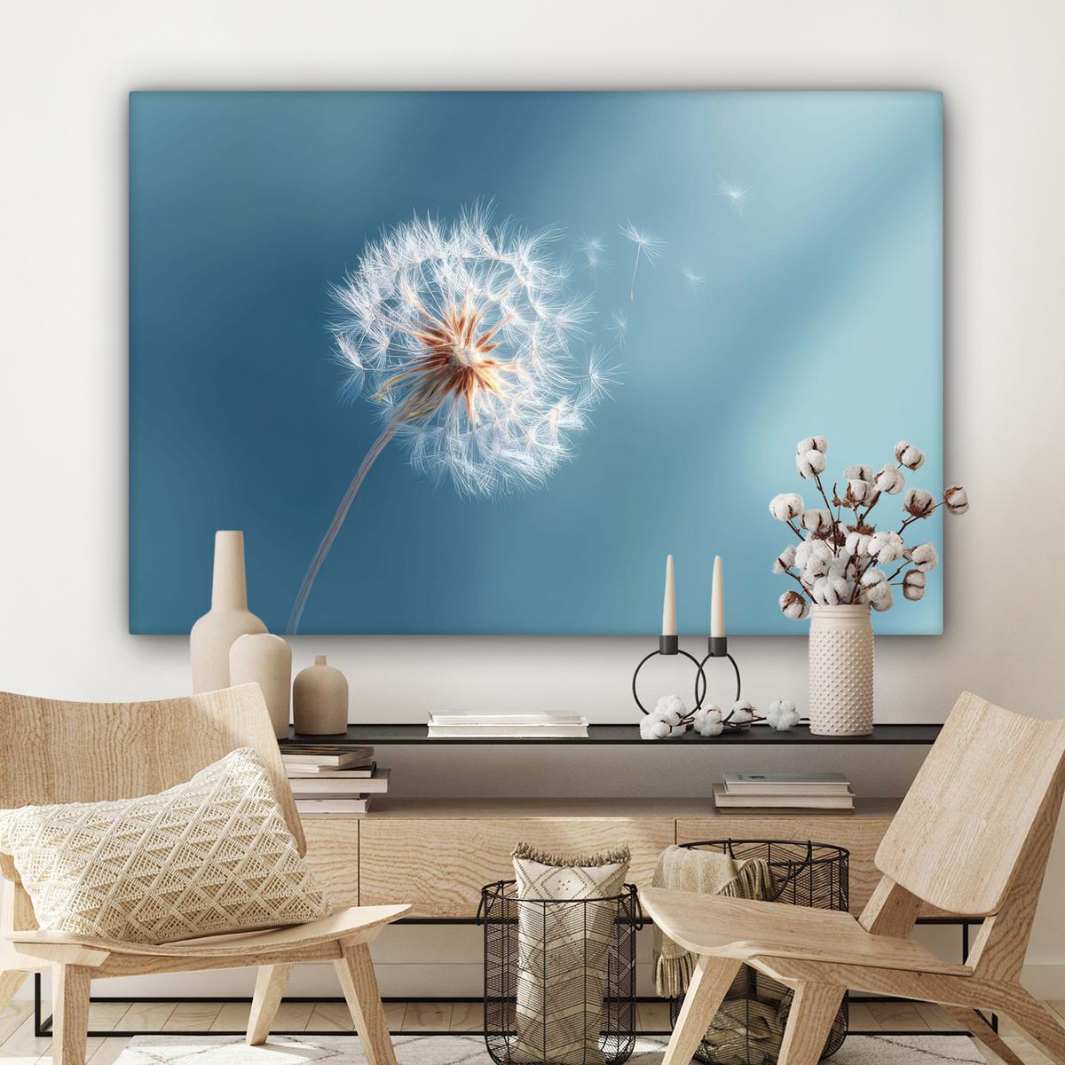 LEINWANDBILD Löwenzahn - Wind - Blau XXL 150x100 cm - Blaugrau, Textil (150/100cm) - MuchoWow