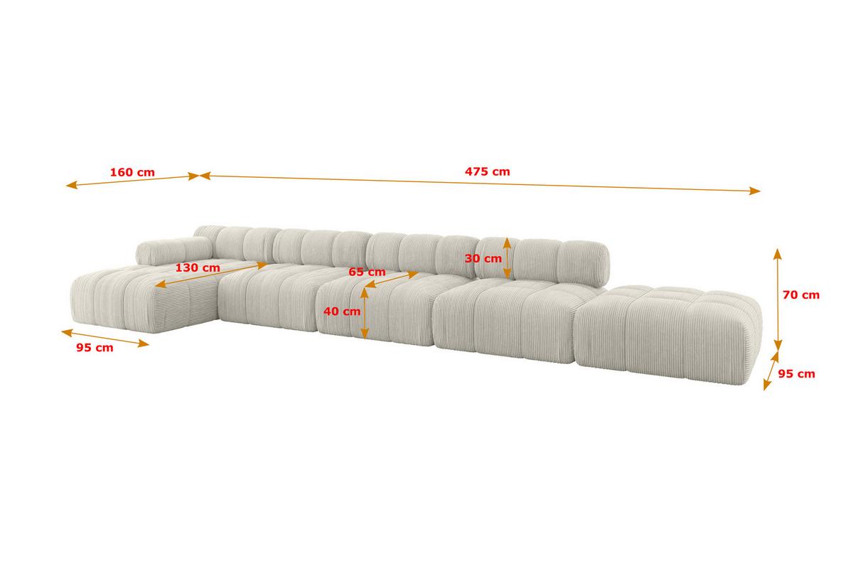 ECKSOFA modulares Sofa Lizur-L3 - 475x160x70 cm Creme Cord - Hellgrau/Creme, Holzwerkstoff/Textil (475/160cm) - ALTDECOR