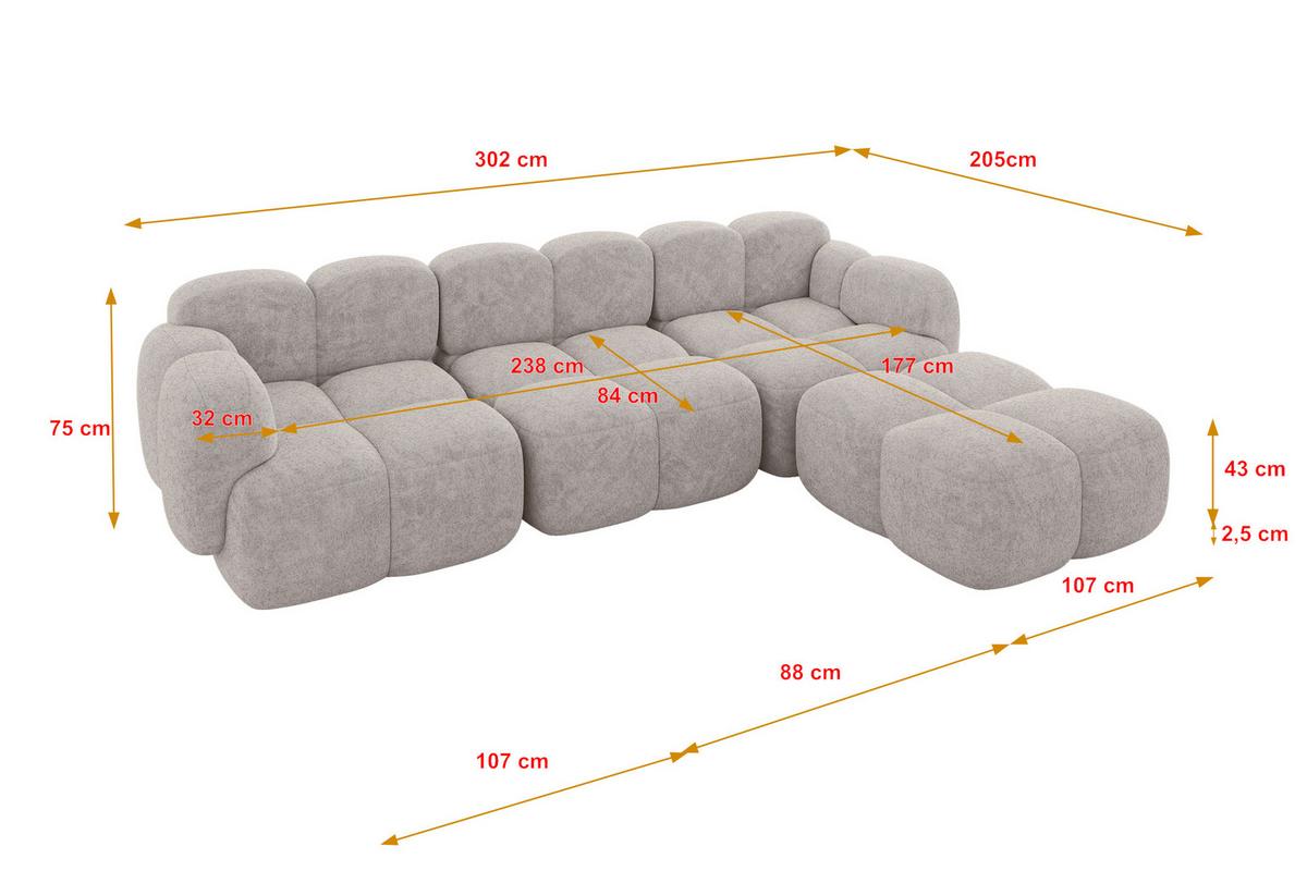 ECKSOFA modulares Sofa Rechts Miko-L2 302x205x75 Hellgrau Velours - Hellgrau/Schwarz, Holzwerkstoff/Kunststoff (302/205cm) - ALTDECOR