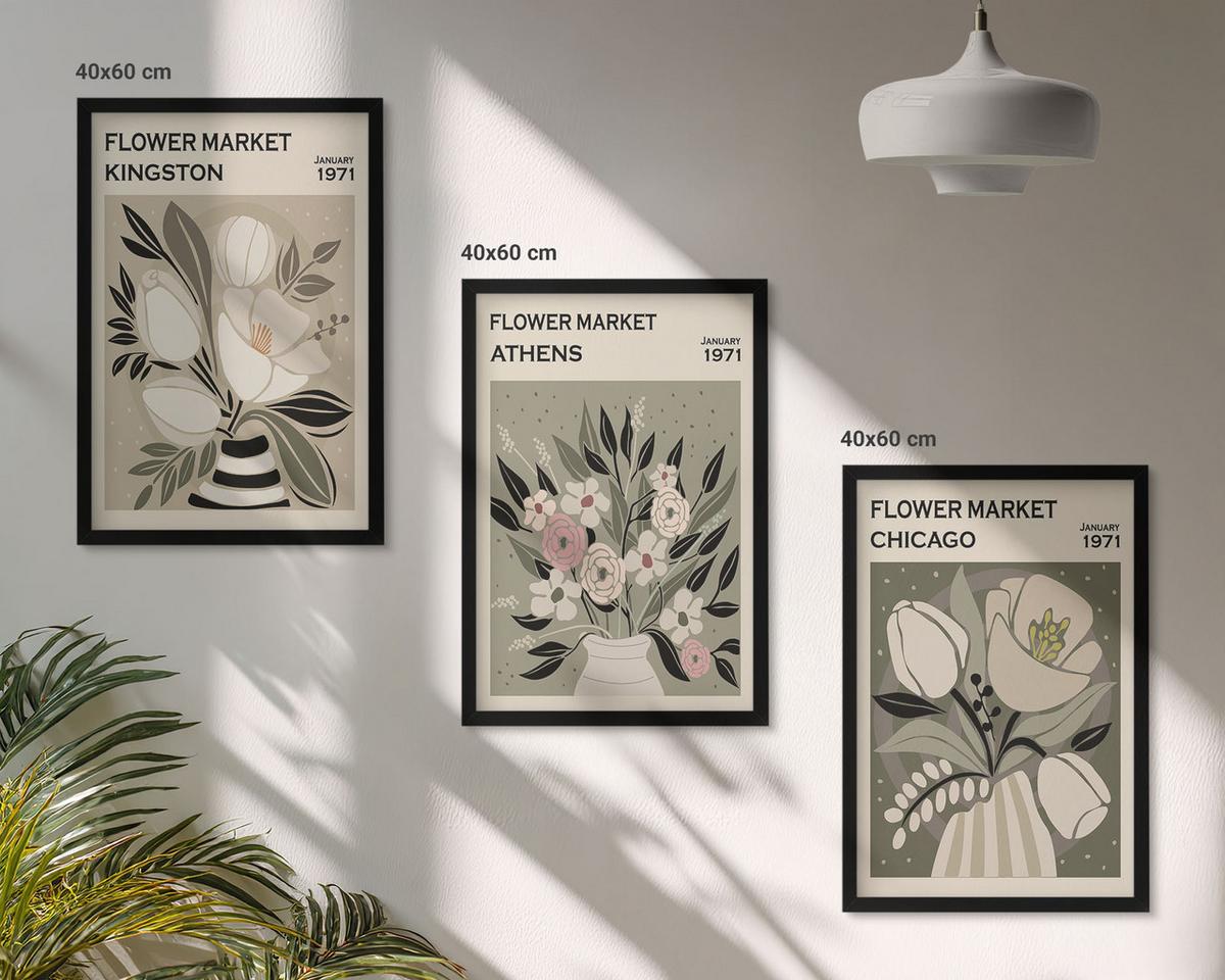 BILDER SET 3er Set - 40x60 cm Schwarzer Rahmen - Retro-Blumenarrangements - Schwarz, Kunststoff (40/60cm) - TULUP