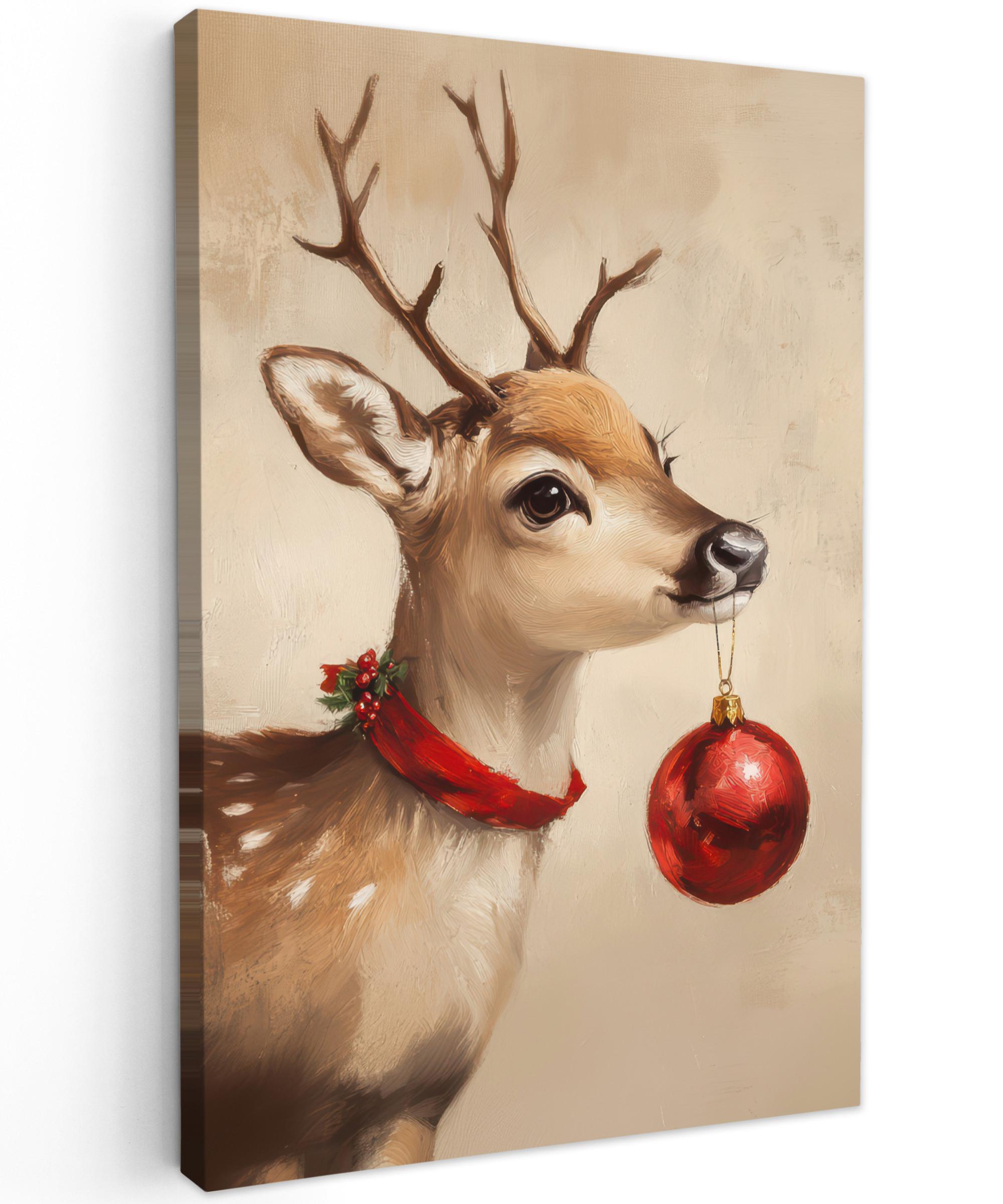 LEINWANDBILD Weihnachten - Hirsch - Geweih - Weihnachtskugel - Rentier Deko Wohnzimmer 20x30 cm - Hellbraun, Textil (20/30cm) - MuchoWow