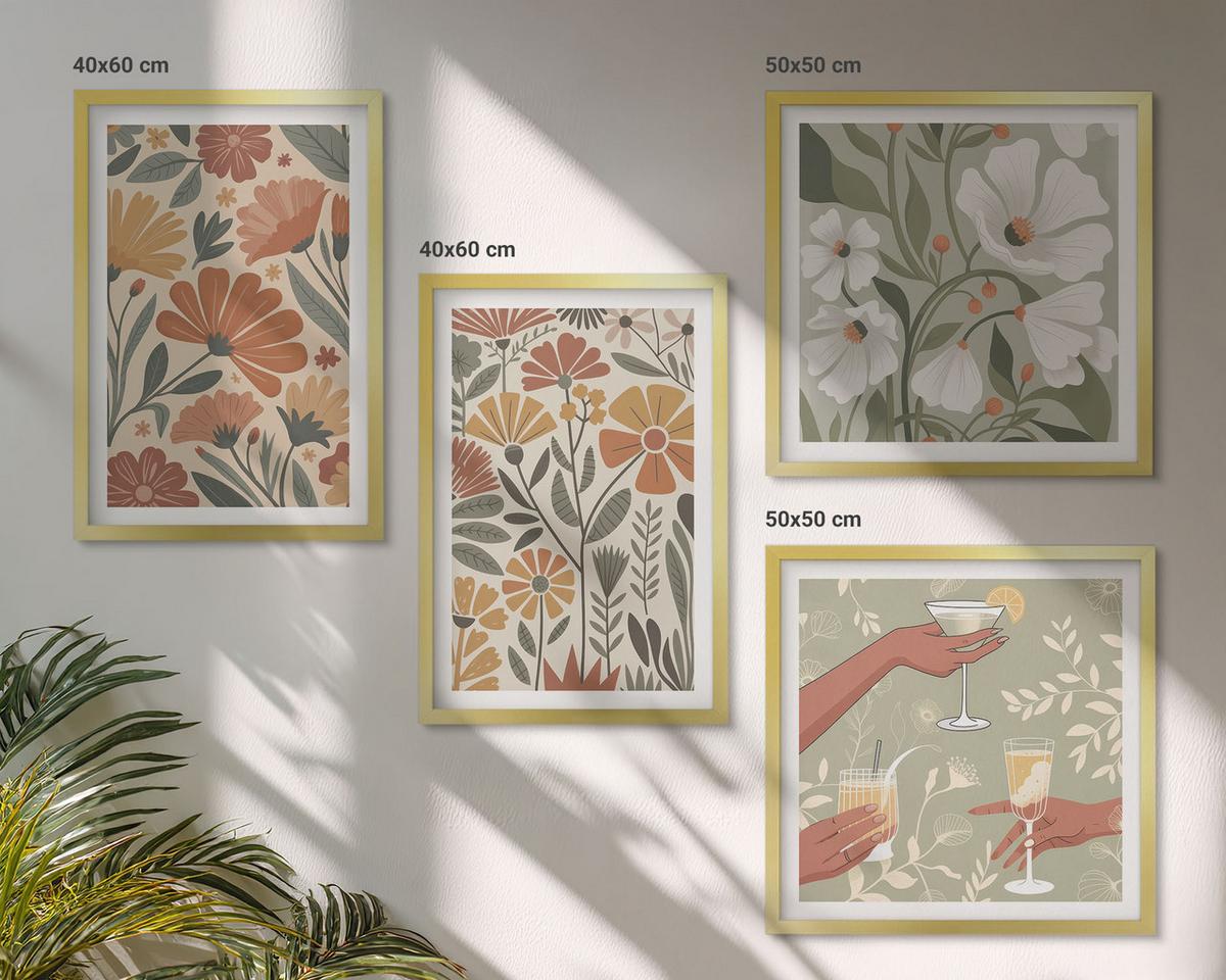 BILDER SET 4er Set - 50x50 cm & 40x60 cm Goldrahmen - Blumenmuster in Orange und Grün - Goldfarben, Kunststoff (50/50cm) - TULUP