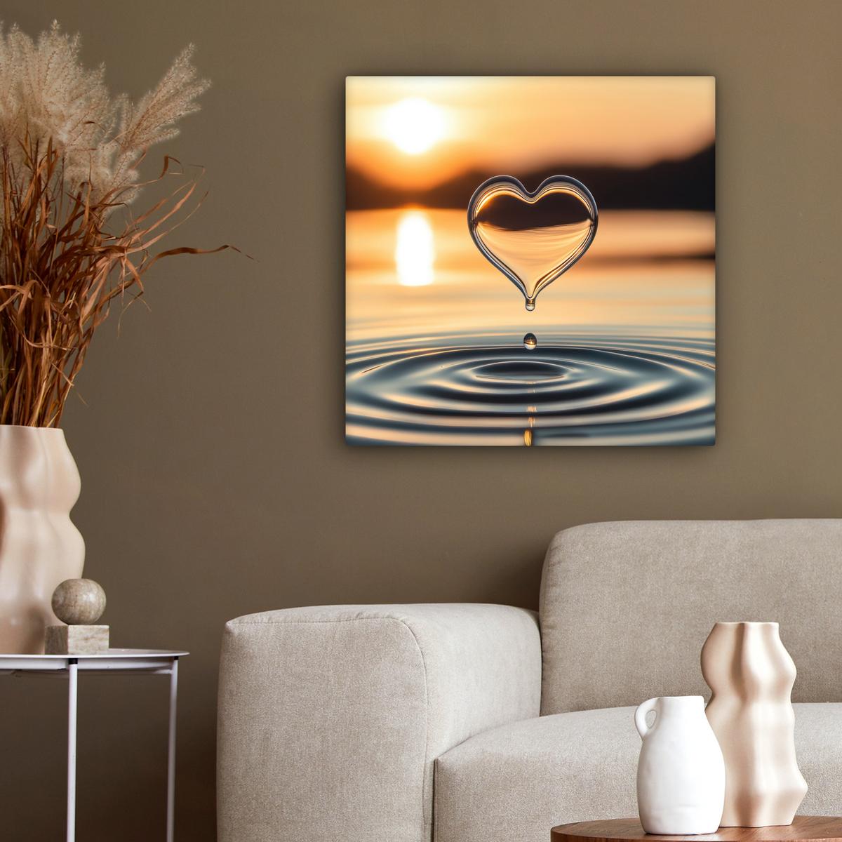 LEINWANDBILD Herz - Wasser - Sonnenuntergang - Natur - Zen Wandbild Wohnzimmer 50x50 cm - Bernsteinfarben, Textil (50/50cm) - MuchoWow