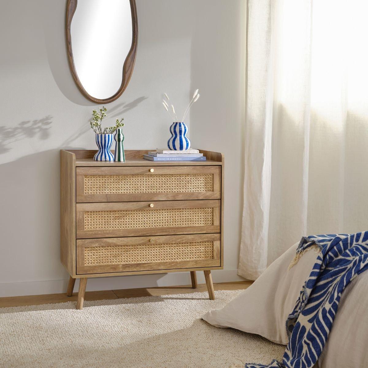 KOMMODE mit 3 schubladen und fronten aus natürlichem rattan - palmo 80/39/79 cm - Apfelbaumfarben, Holzwerkstoff (39/79/80cm) - Calicosy