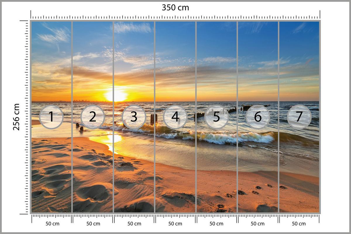 FOTOTAPETE Sonnenuntergang Strand Meer Landschaft 3D 350x256 cm - Beige/Orange, Papier (350/256cm) - Muralo