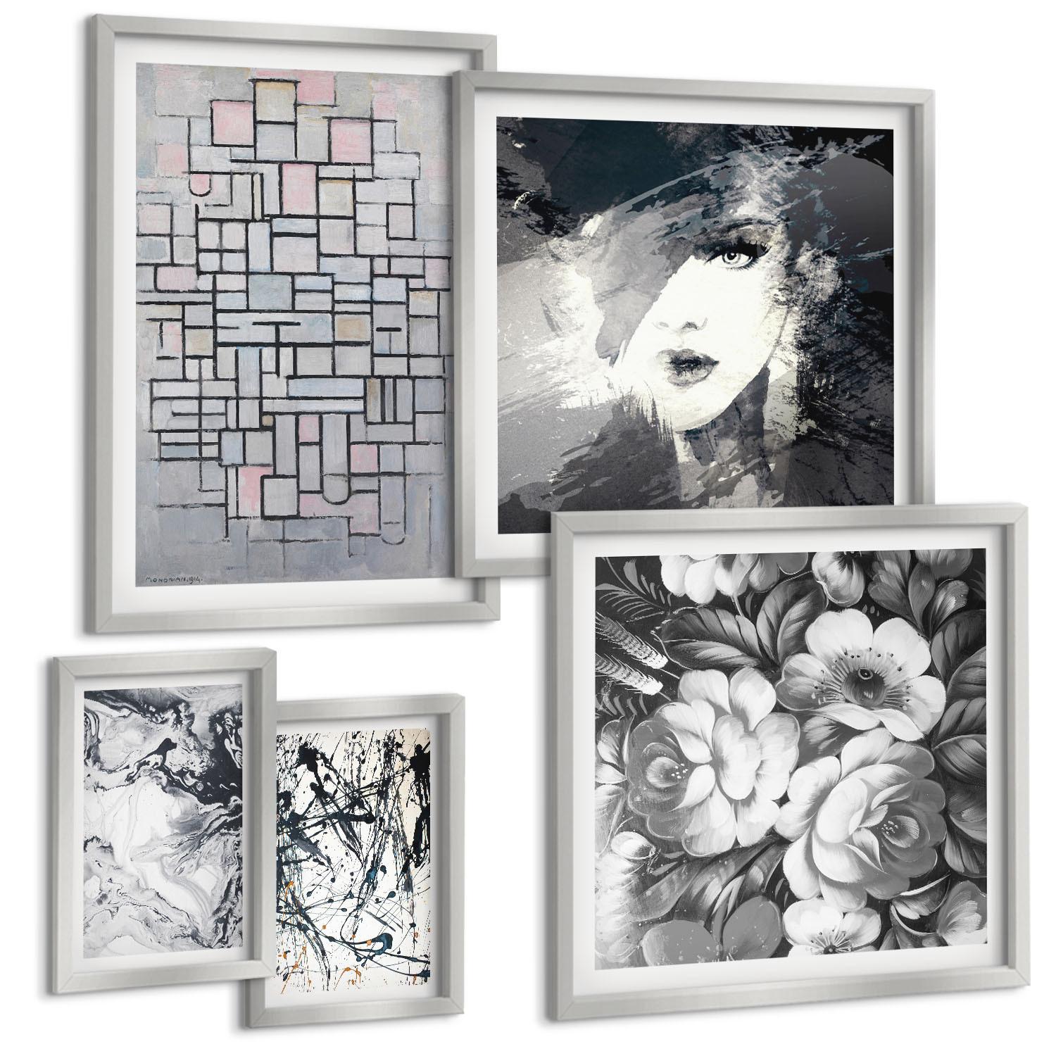 BILDER SET 5er Set - 50x50 cm & 20x30 cm & 40x60 cm Silberner Rahmen - Abstrakte schwarz-weiße Muster - Silberfarben, Kunststoff (40/60cm) - TULUP