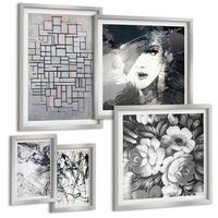 BILDER SET 5er Set - 50x50 cm & 20x30 cm & 40x60 cm Silberner Rahmen - Abstrakte schwarz-weiße Muster - Silberfarben, Kunststoff (40/60cm) - TULUP