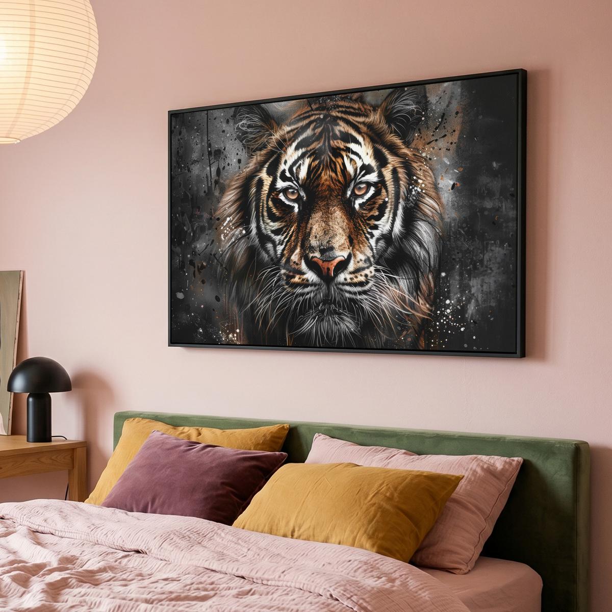 LEINWAND Bilder mit Rahmen - Tiger - Tiere - Porträt - Luxus - Schwarz - 120x80 - Braun, Textil (120/80cm) - MuchoWow