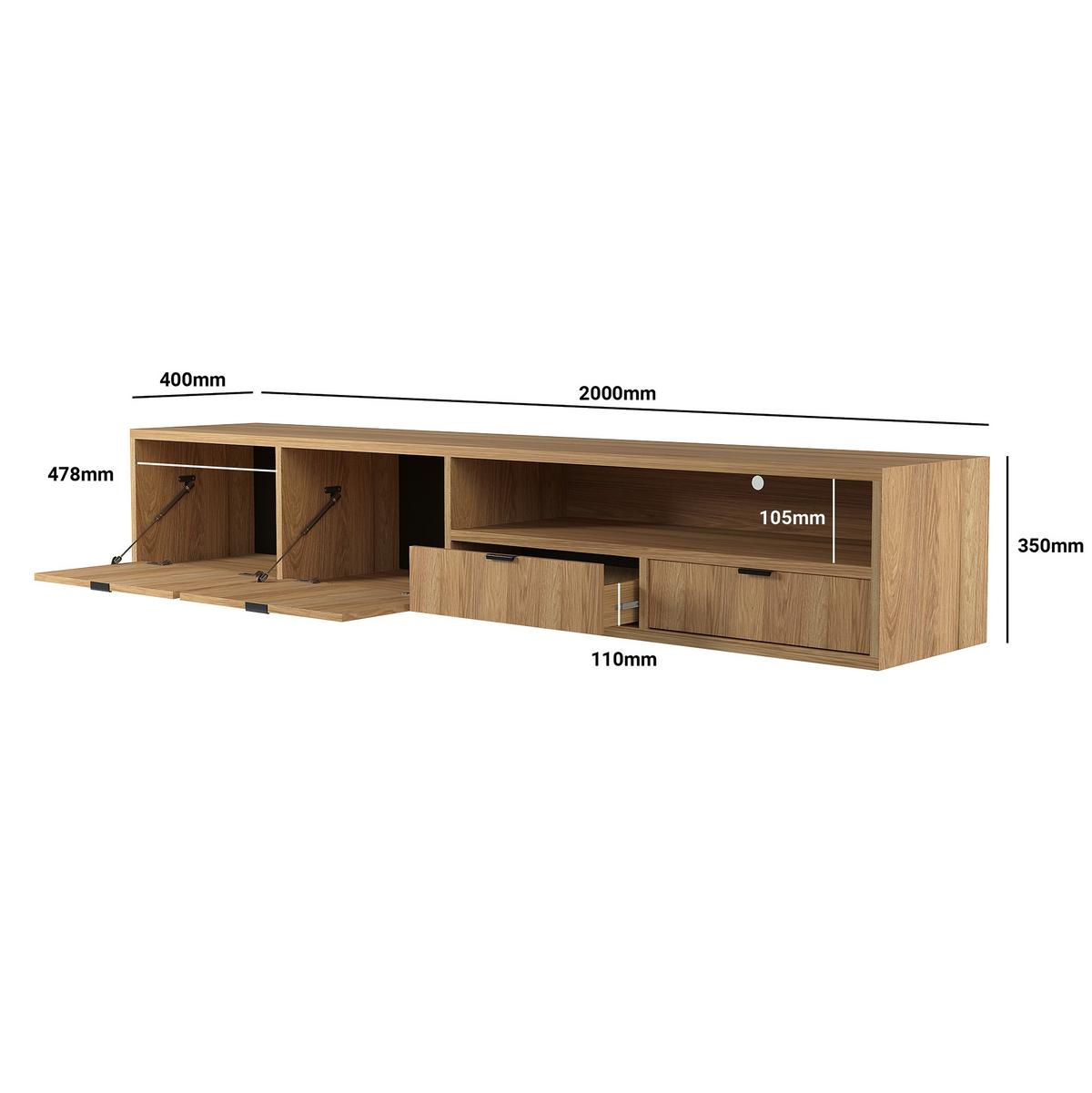 HÄNGELOWBOARD Evron mit 2 Schubladen und 2 Türen, 200 cm, Hikora Eiche - Eichefarben, Holzwerkstoff (200/35/40cm) - Beautysofa
