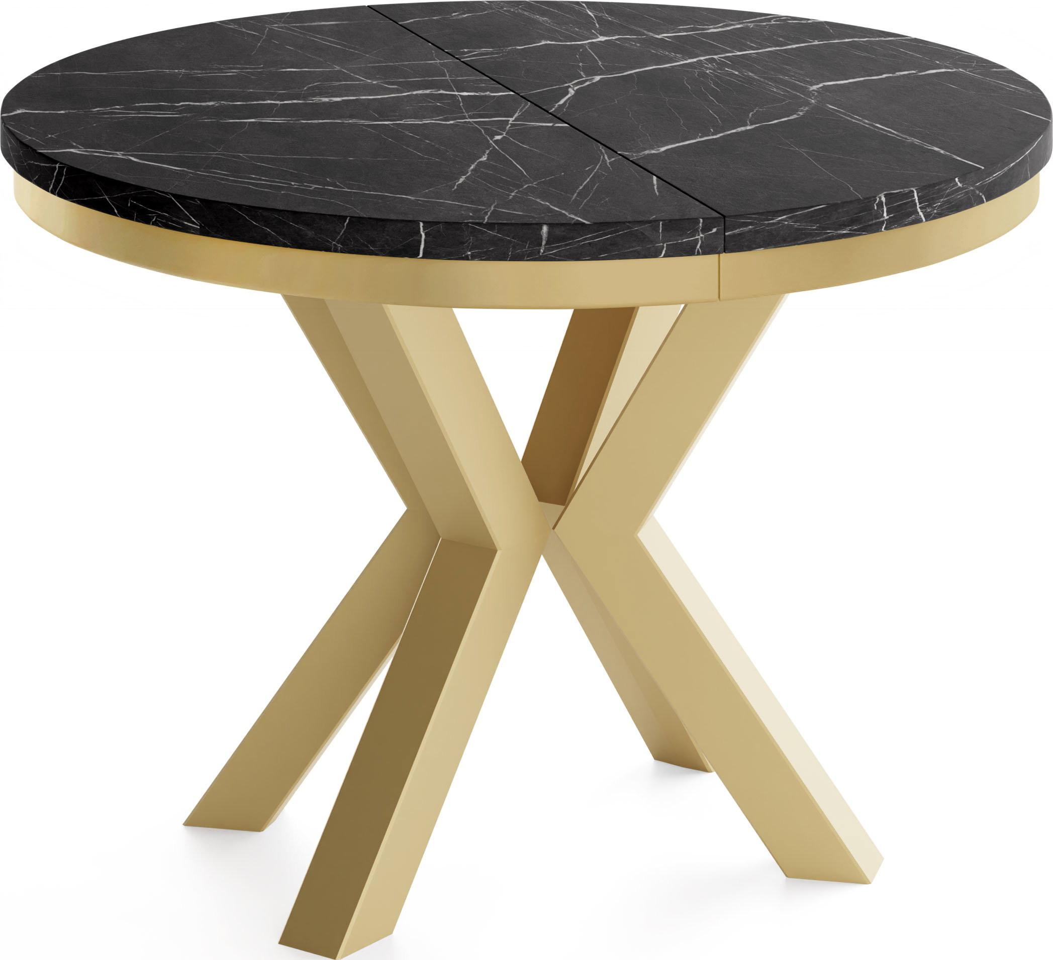 ESSTISCH Clara Gold runder ausziehbarer, Marmor Schwarz 100-180/100/76 cm - Anthrazit/Goldfarben, Holzwerkstoff/Metall (100/176/76cm) - WFL GROUP