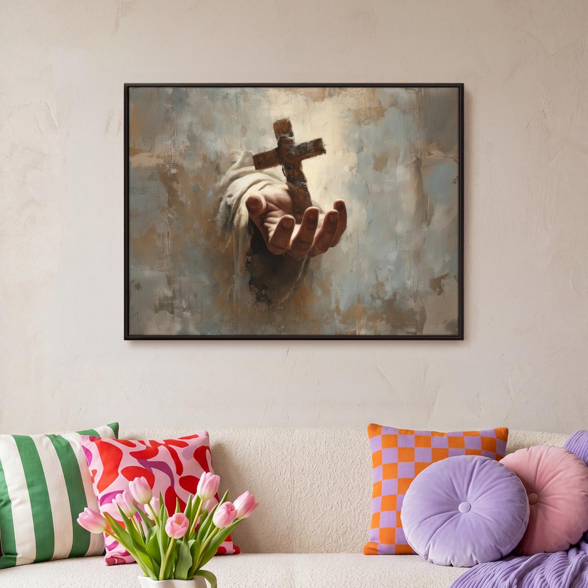 LEINWAND Bilder mit Rahmen - Abstrakt - Kreuz - Hand - Christentum - 80x60 - Hellbraun, Textil (80/60cm) - MuchoWow