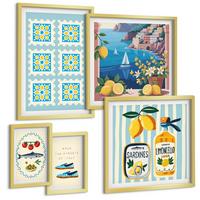 BILDER SET 5er Set - 50x50 cm & 20x30 cm & 40x60 cm Goldrahmen - Illustrationen der mediterranen Küche - Goldfarben, Kunststoff (40/60cm) - TULUP