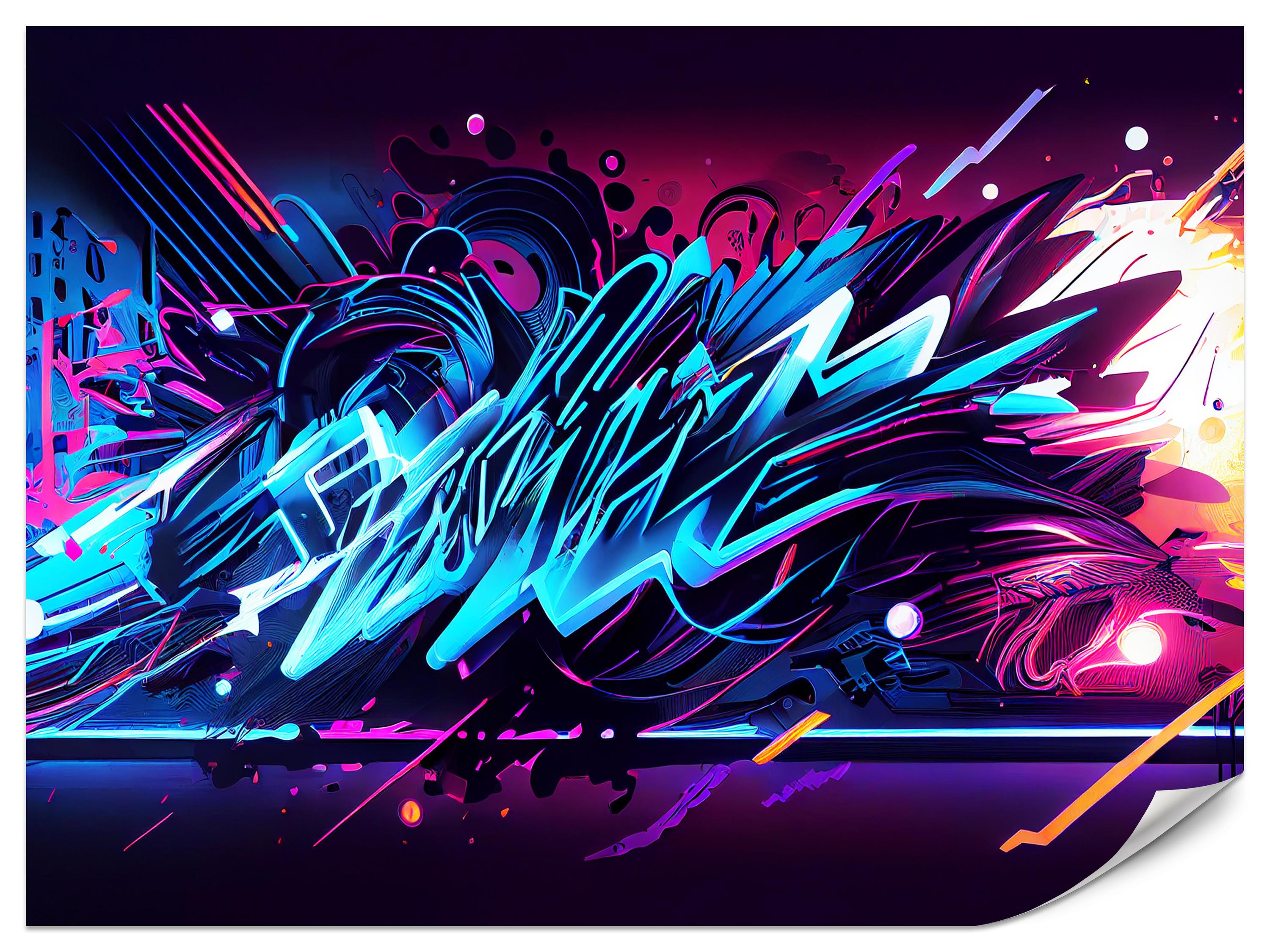 FOTOTAPETE für Jugendzimmer Neon Graffiti Schriften 300x210 - Blau/Gelb, Papier (300/210cm) - Muralo