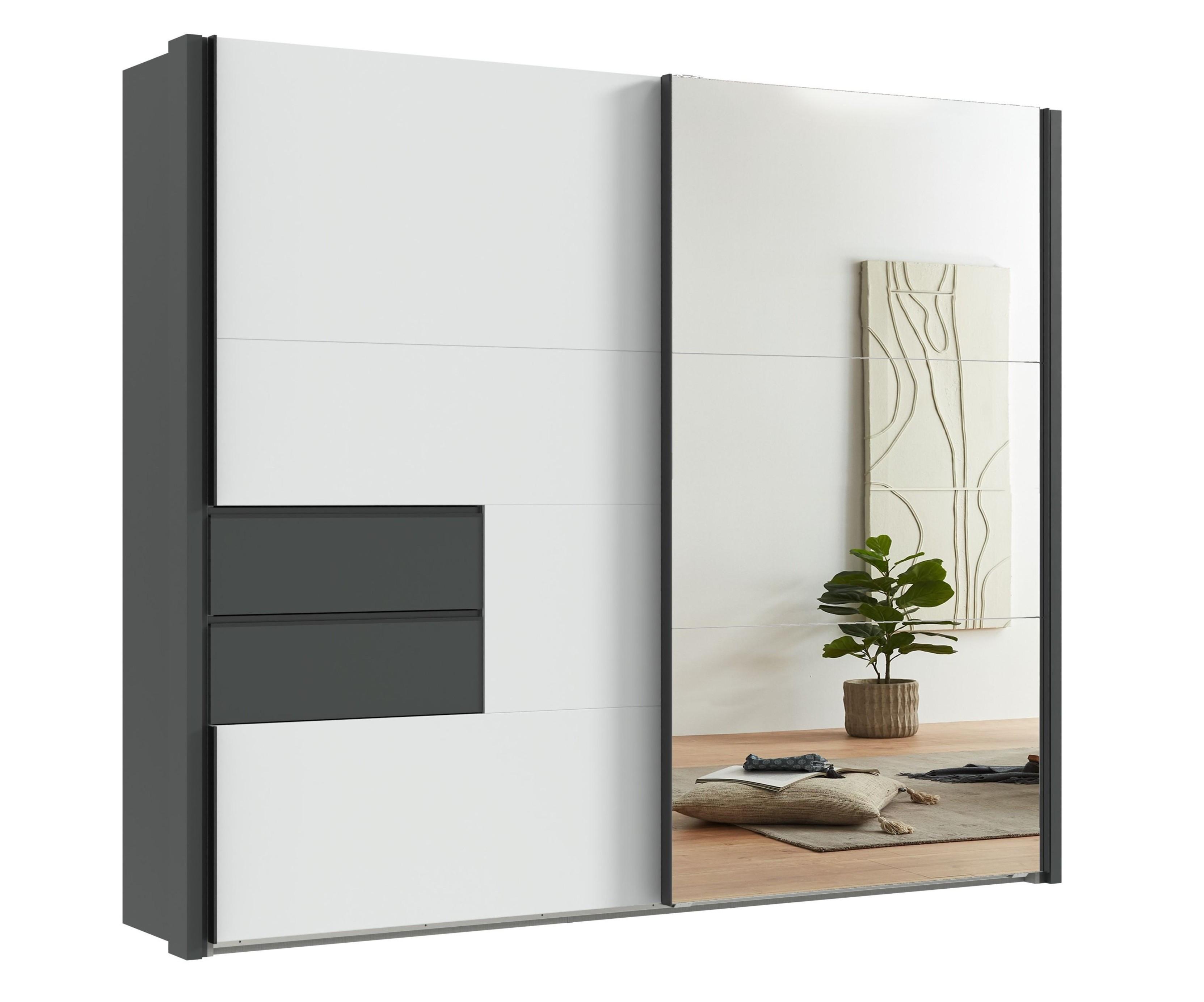 SCHWEBETÜRENSCHRANK 2-türig B262/H216/T65 cm, Korpus&Passepartout&Schubladen Grafit, Türen Weiß/Spiegel, Kleiderschrank inkl. Vollausstattung / 22059 - Bordeaux/Graphitfarben, Holzwerkstoff/Metall (262/216/65cm) - luma-home