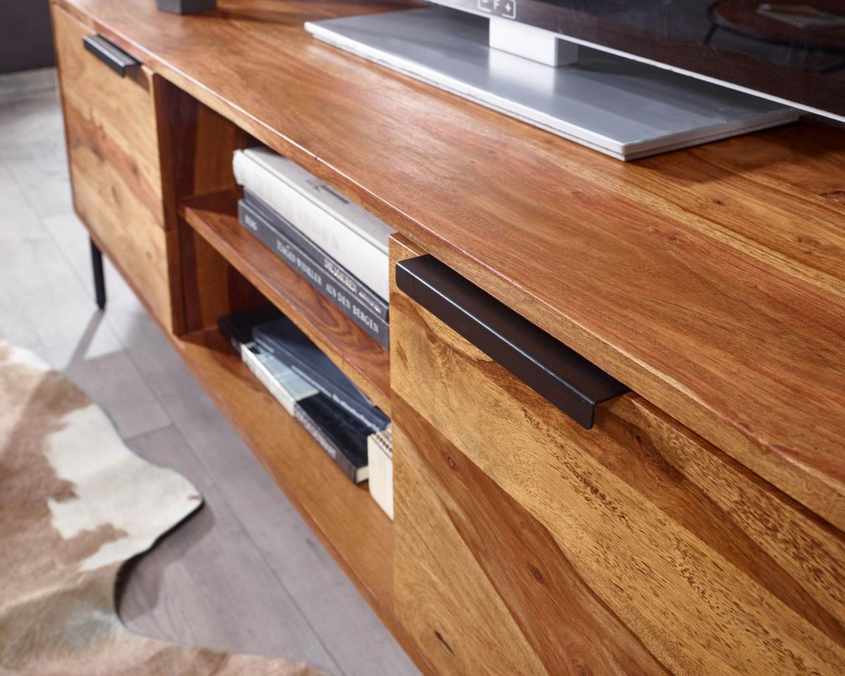 LOWBOARD Massivholz Landhausstil für 60-Zoll Fernseher mit offenen Fächern - Schwarz/Braun, Holz/Metall (147/51/38cm) - KADIMA DESIGN